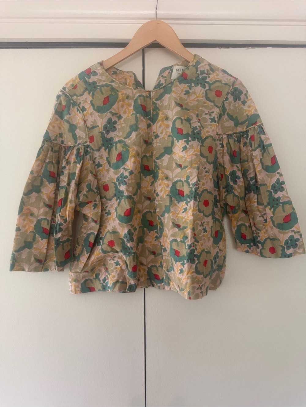 Girls Floral Bell-Sleeve Blouse in Green & Gold